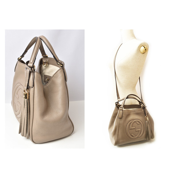 Gucci Soho Interlocking G Tote Shoulder Bag Leather Greige - Picture 2 of 12